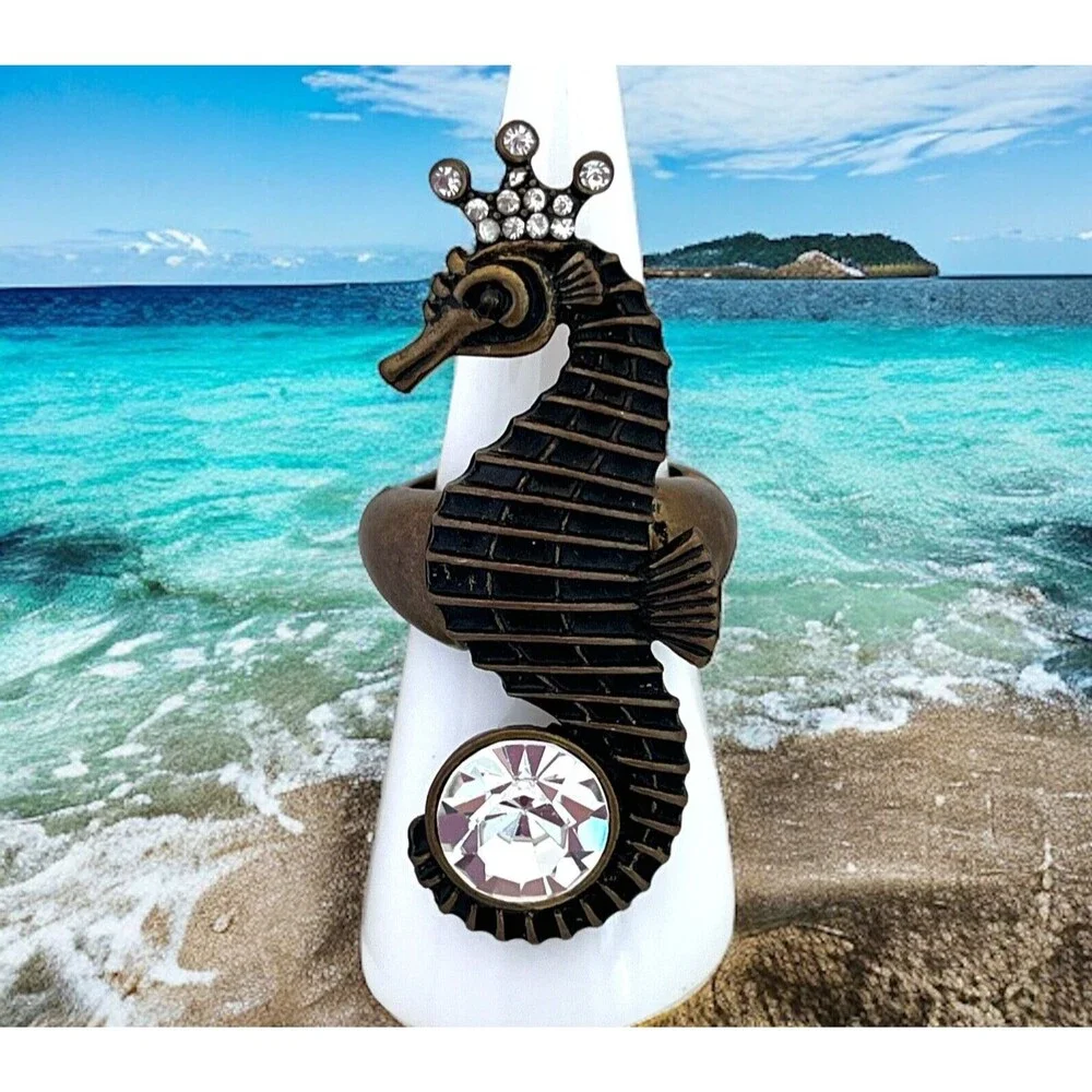 Seahorse Stretch Ring Antique Bronze Tone Clear Crystal Accents - 5W